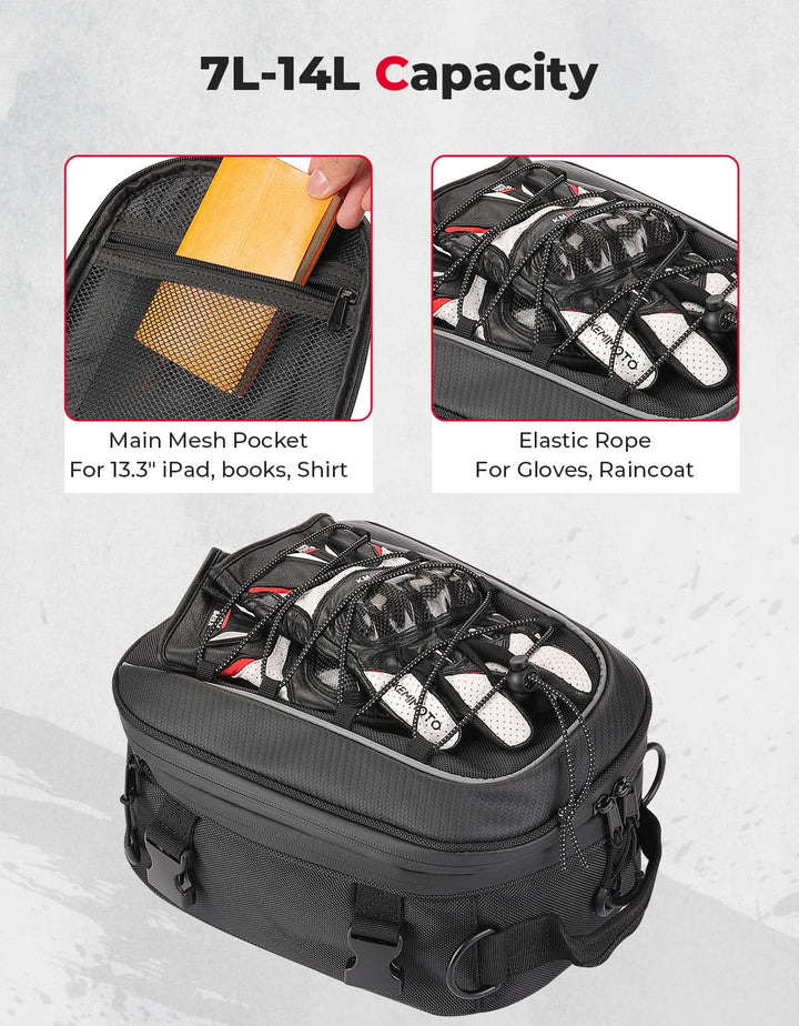 Motorcycle Tail Bag, 7-14L Expandable Motorbike Helmet Bag - Kemimoto