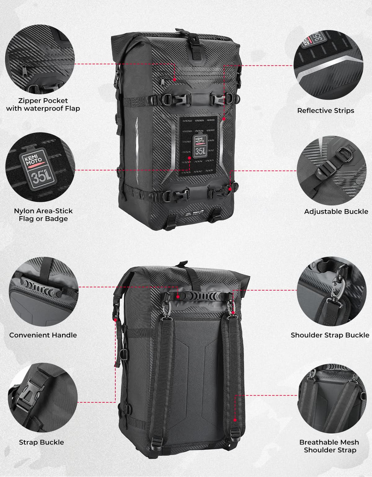 Motorcycle Tail Bag 35L Totally Waterproof Backpack - Kemimoto