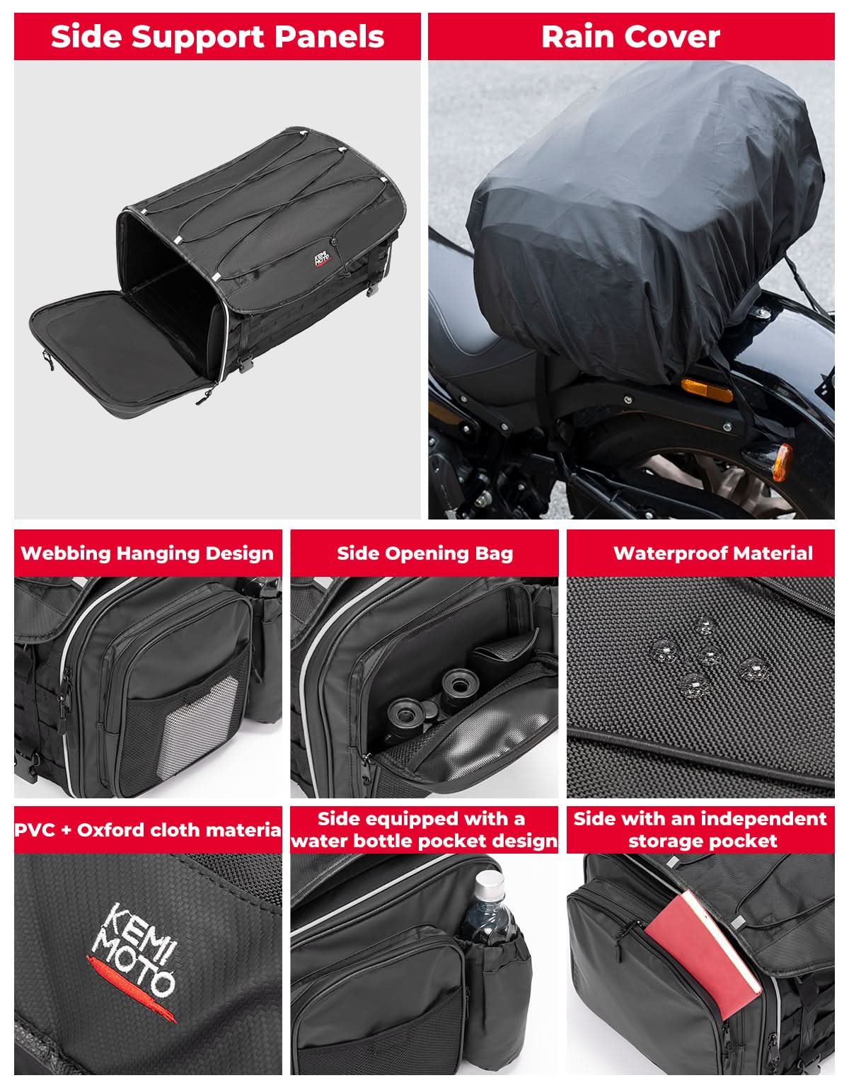 Motorcycle Tail Bag, 50L Expandable Helmet Bag Luggage Backpack - Kemimoto