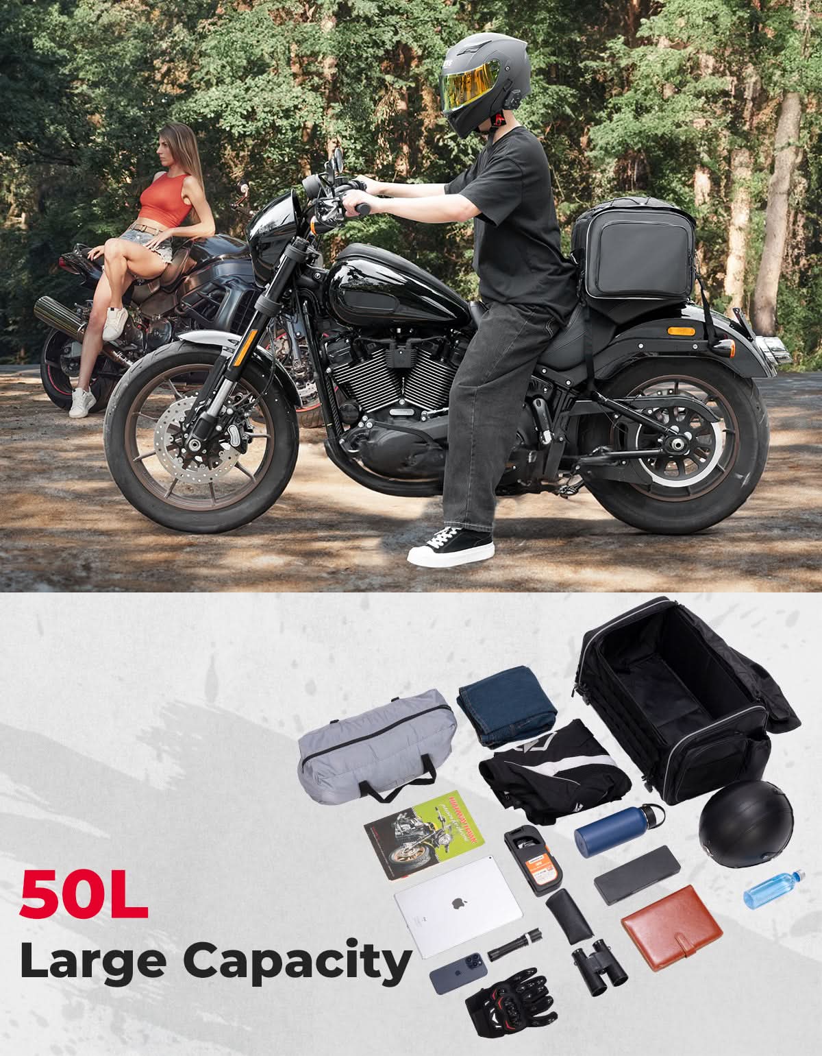 Motorcycle Tail Bag, 50L Expandable Helmet Bag Luggage Backpack - Kemimoto