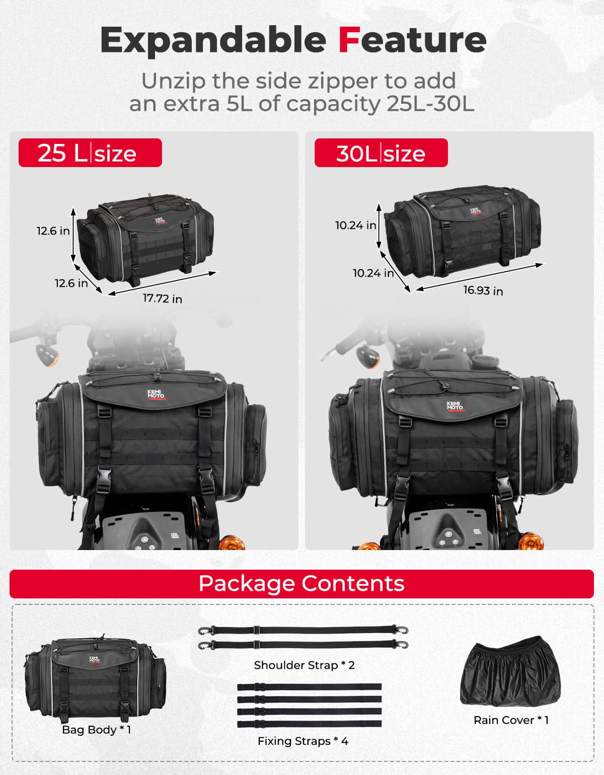 Motorcycle Travel Luggage Bags, 23L-30L Expandable Tail Bag – Kemimoto