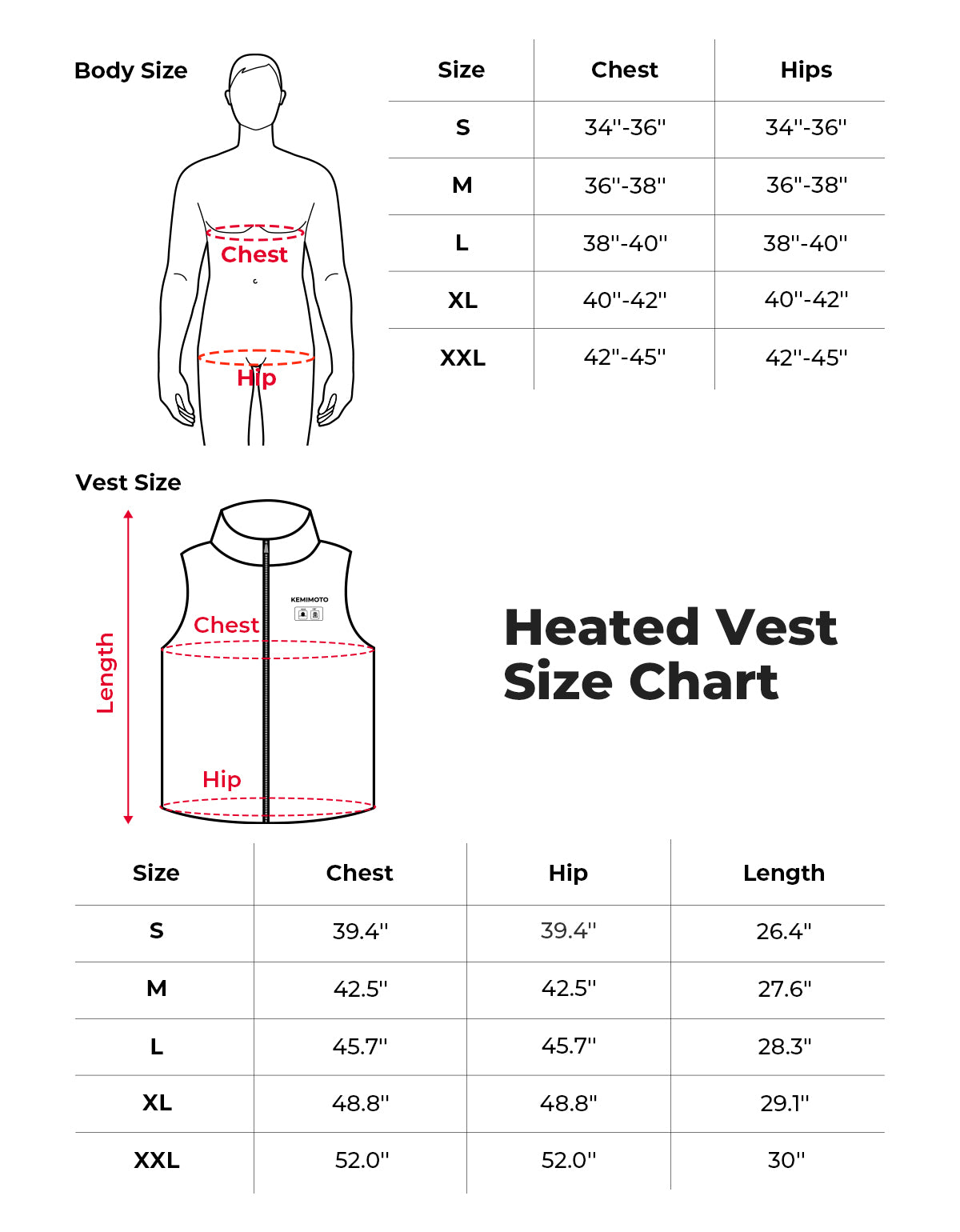 Heated Vest Size Chart