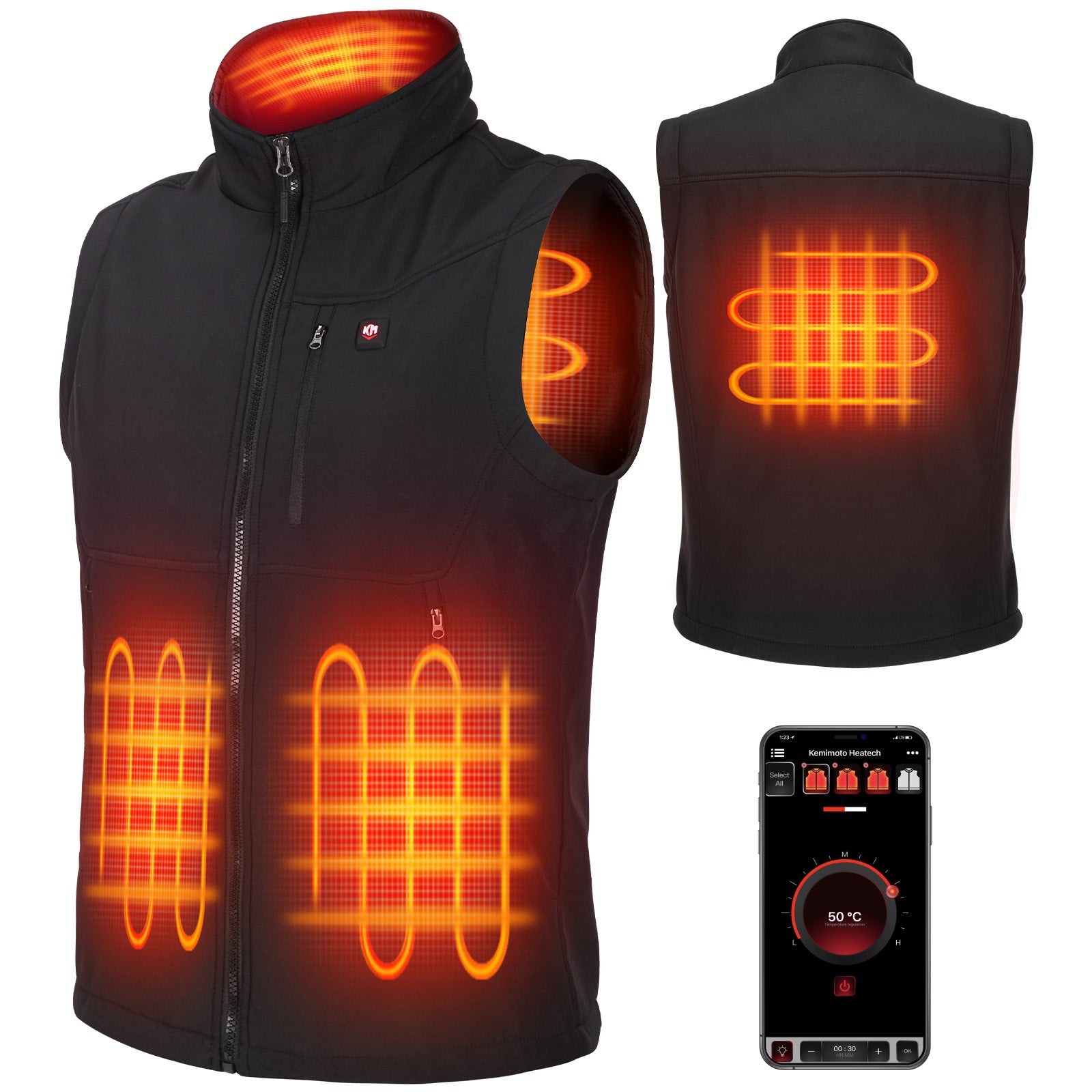 Men's Heated Vest by APP Temp Control for Skiing Hiking Hunting - Kemimoto