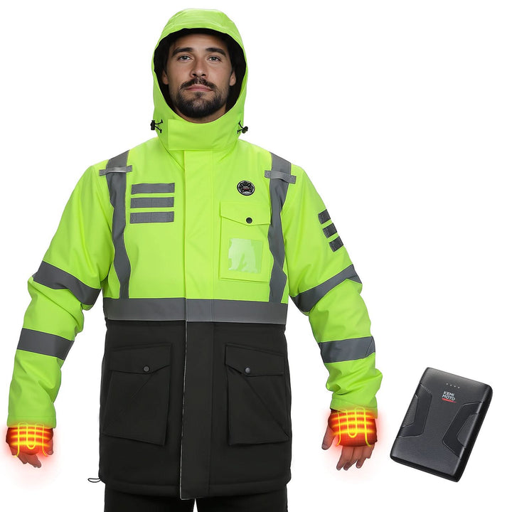 Men’s Heated Safety Jacket with Battery Waterproof High Vis Winter Workwear - Kemimoto