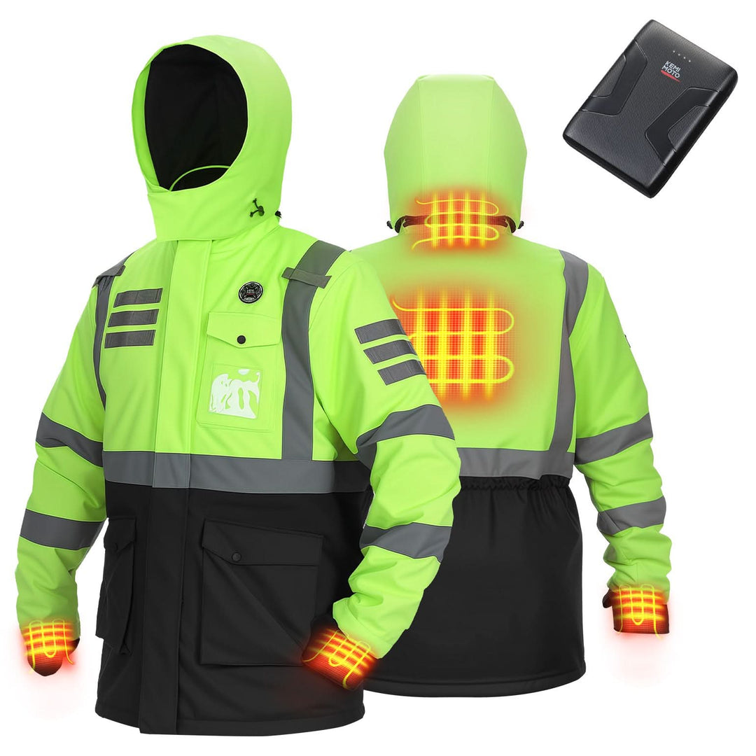 Men’s Heated Safety Jacket with Battery Waterproof High Vis Winter Workwear - Kemimoto