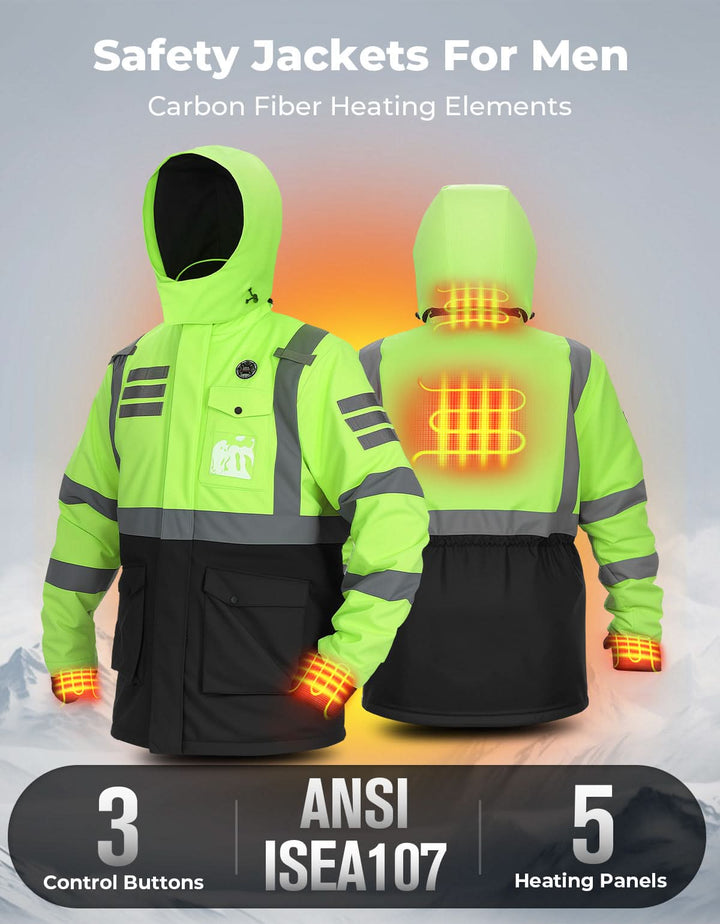 Men’s Heated Safety Jacket with Battery Waterproof High Vis Winter Workwear - Kemimoto