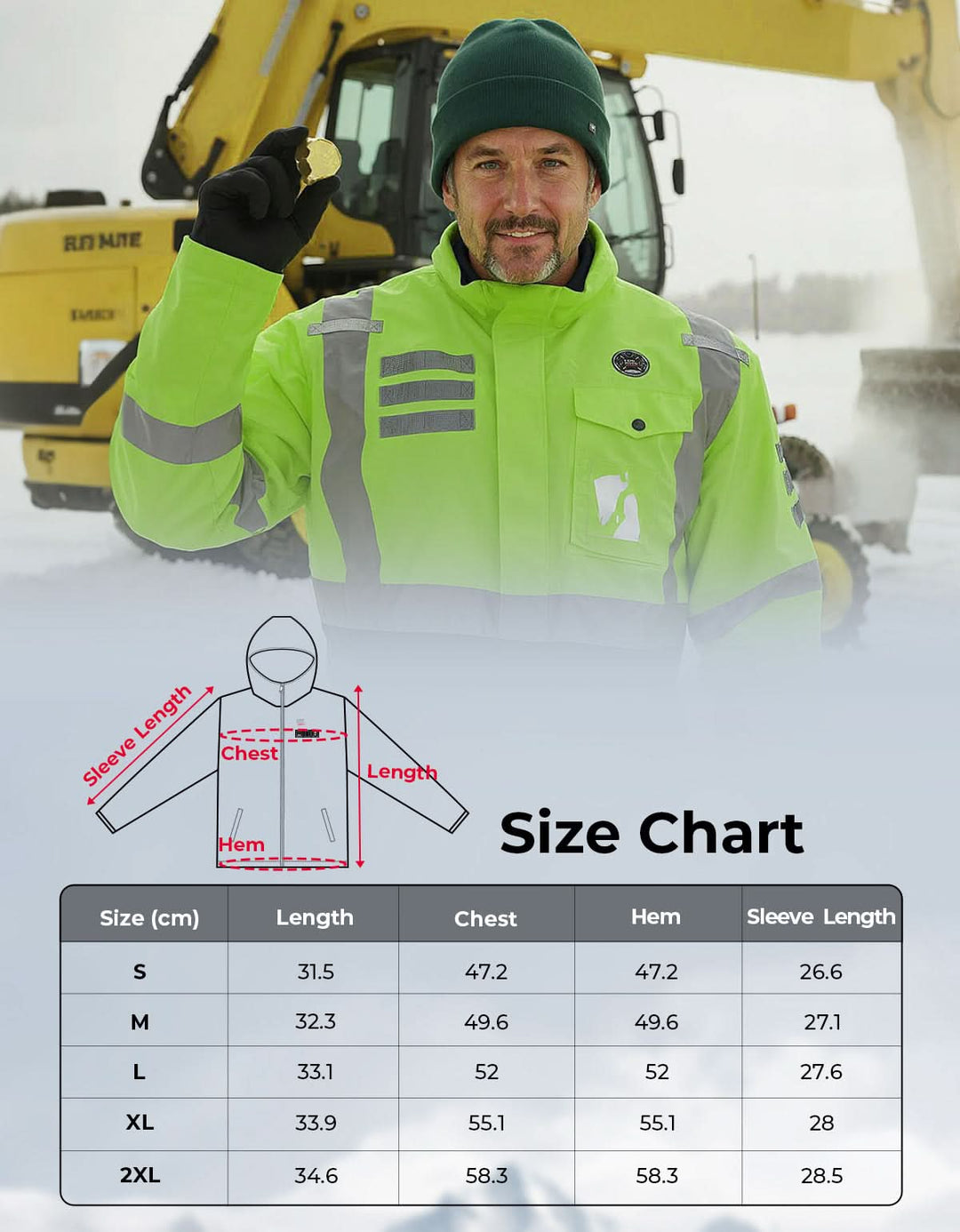 Men’s Heated Safety Jacket with Battery Waterproof High Vis Winter Workwear - Kemimoto