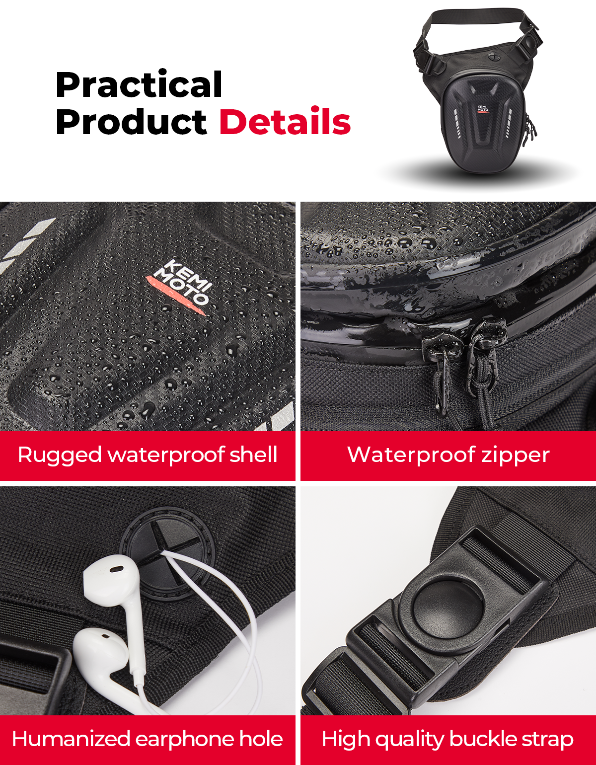 Motorcycle Tank Bag, 12L EVA Hard Shell Thigh Bag - Kemimoto