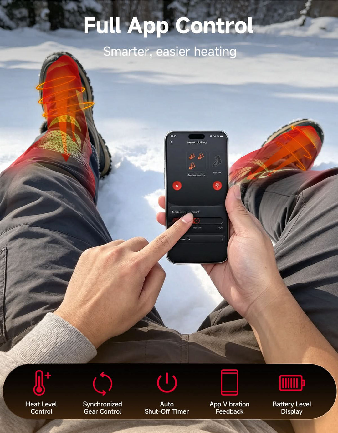 Black App-Controlled Heated Socks 2Pcs with 5000mAh Batteries