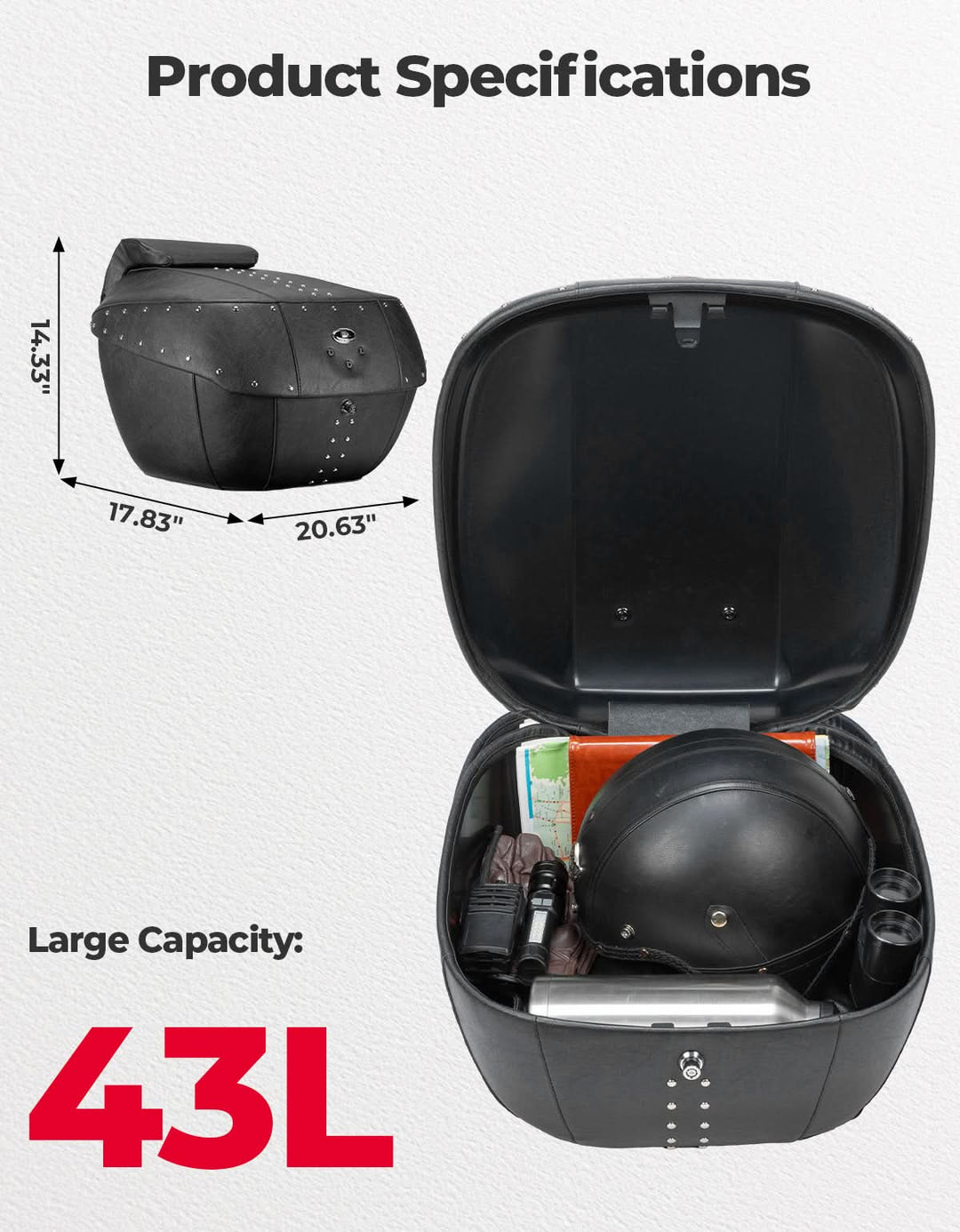 43L Waterproof Motorcycle Top Case Hard Shell with Lock - Kemimoto