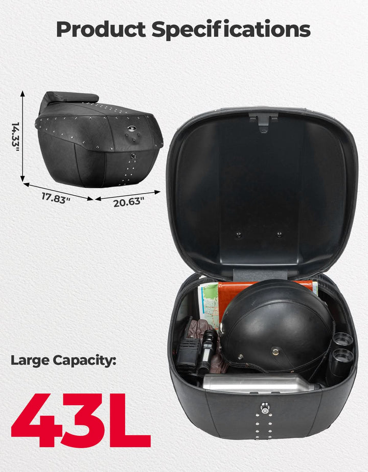 43L Waterproof Motorcycle Top Case Hard Shell with Lock - Kemimoto