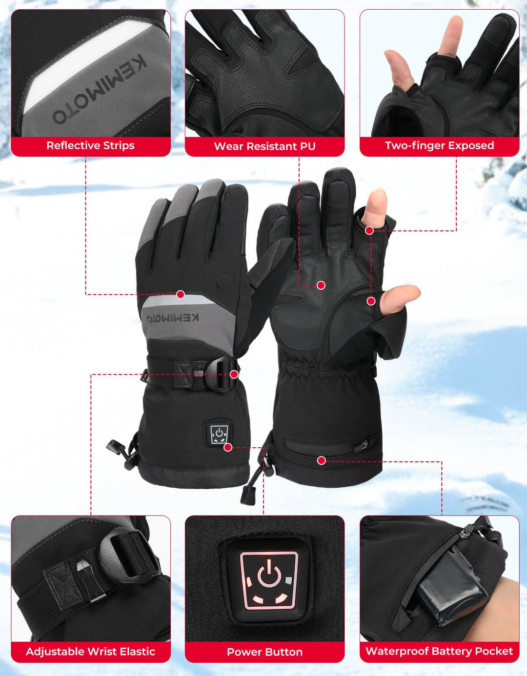 Heated Gloves Men Women 7.4V Rechargeable Winter Motorcycle Skiing