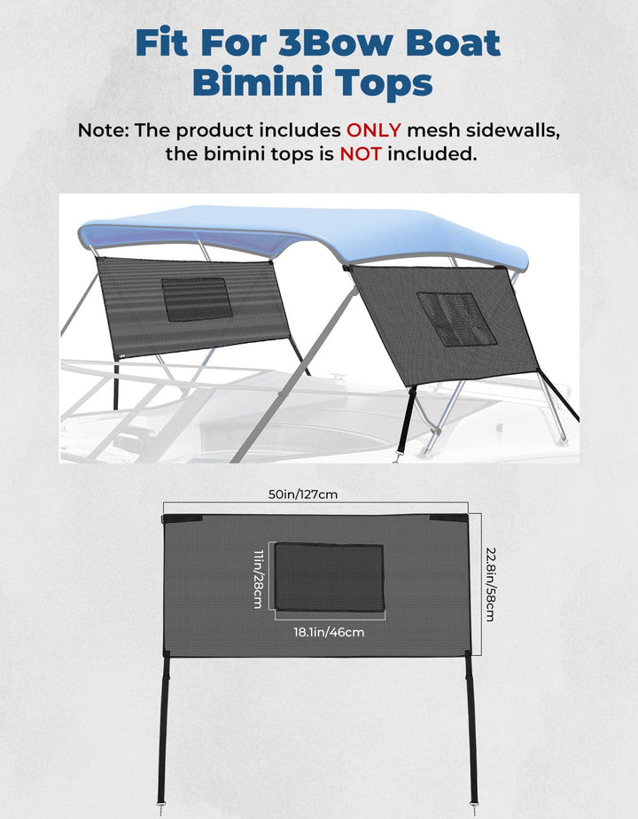 Detachable Mesh Sidewalls for 3 Bow Bimini Tops - Kemimoto