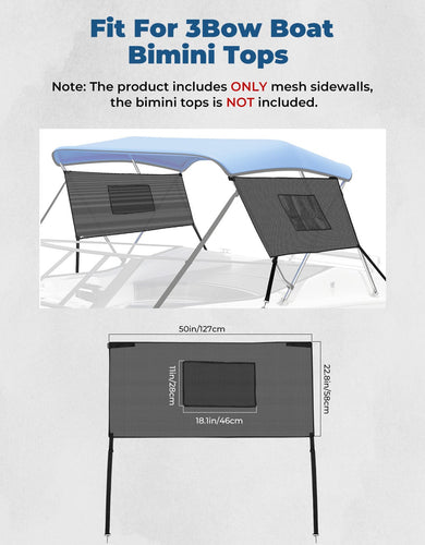 Detachable Mesh Sidewalls for 3 Bow Bimini Tops - Kemimoto
