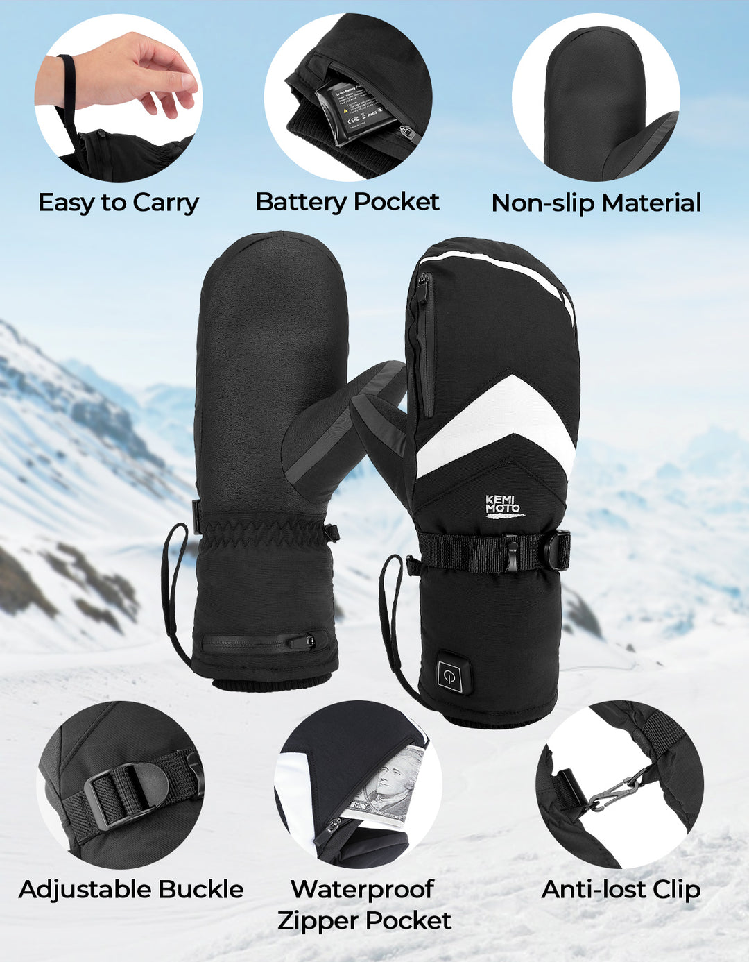 Heated skiing gloves with 2500 mAh battery - Kemimoto