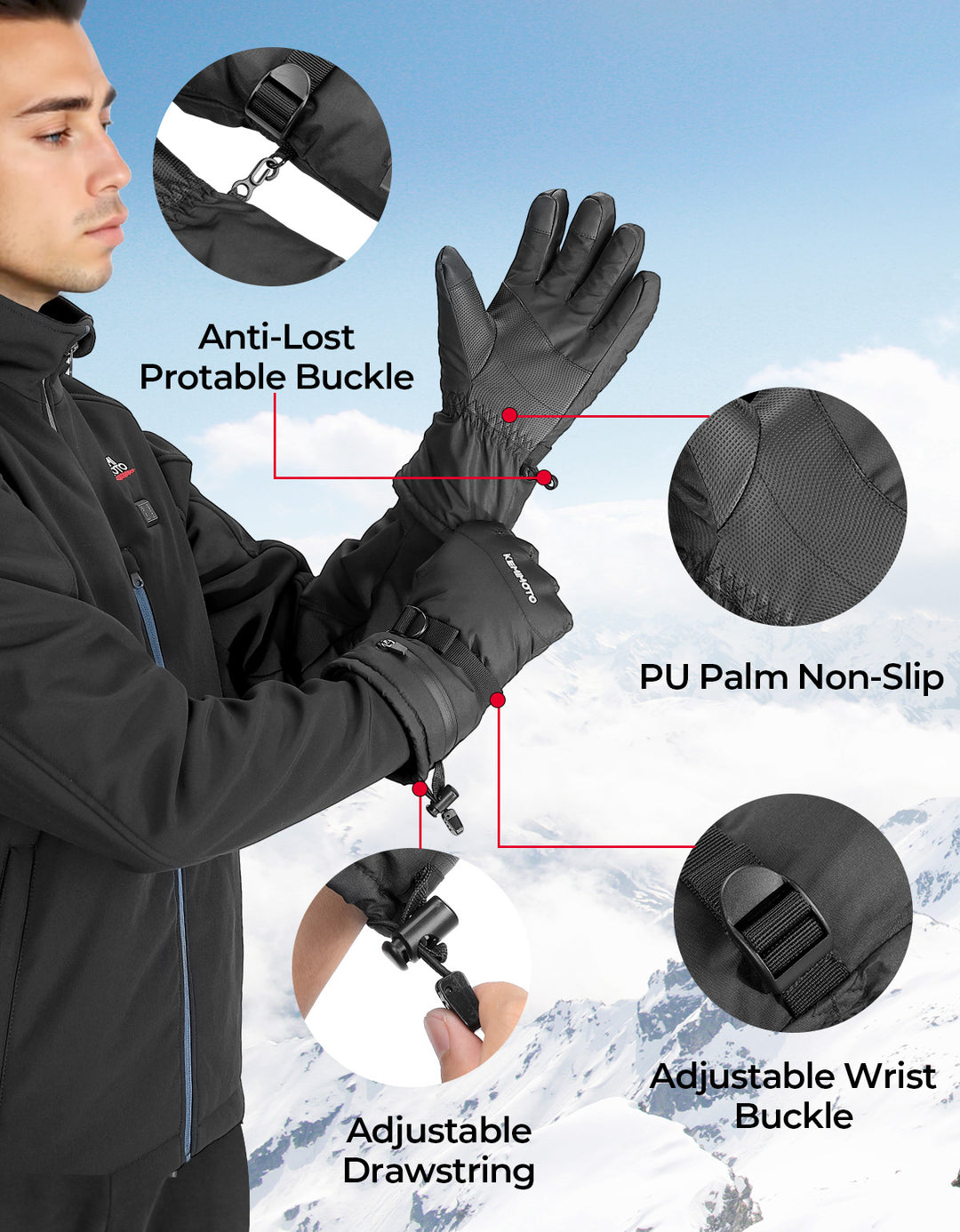 Ski Gloves Winter Gloves for Men Waterproof - Kemimoto
