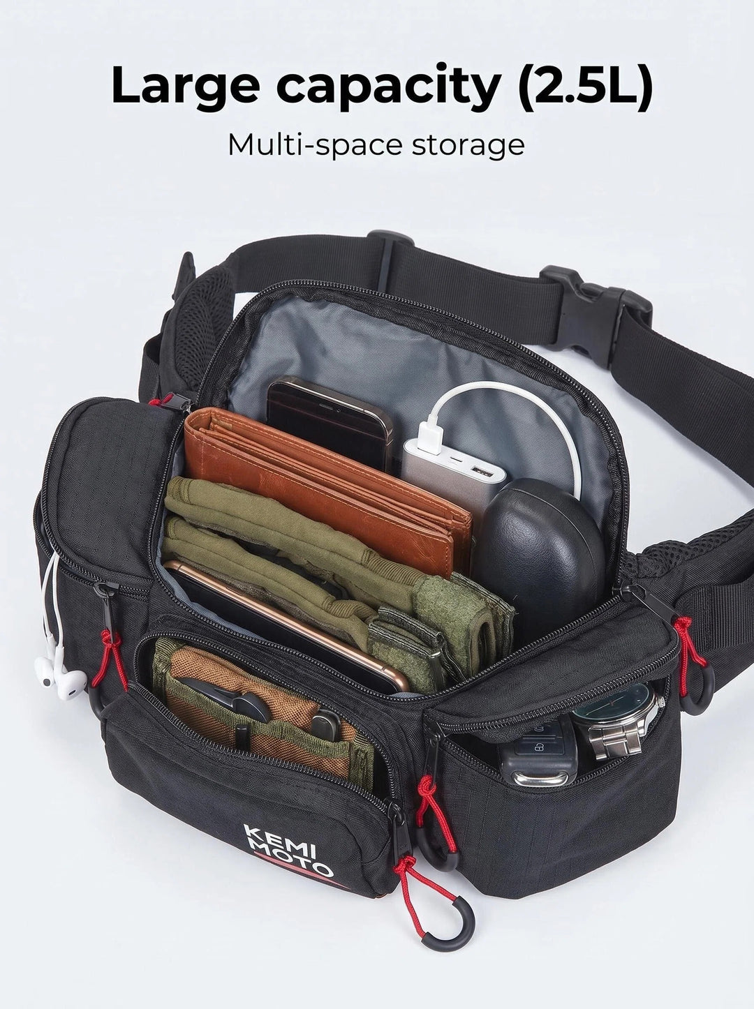 2.5L Multi-Pocket Waist Bag with 5mm Lumbar Support for Cycling, Running and Commuting