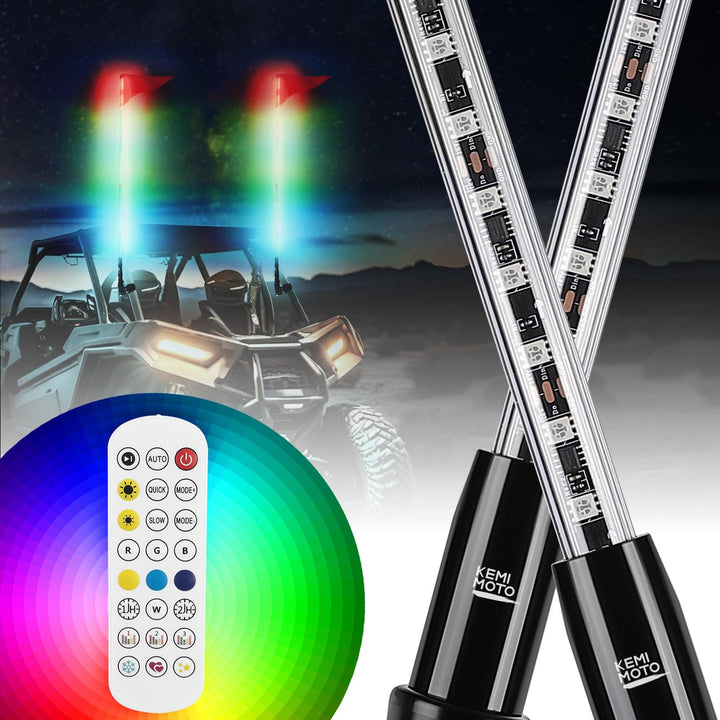 5FT 2PCS Bendable Whip Lights RF Wireless Remote for UTV/ATV/Boat - Kemimoto