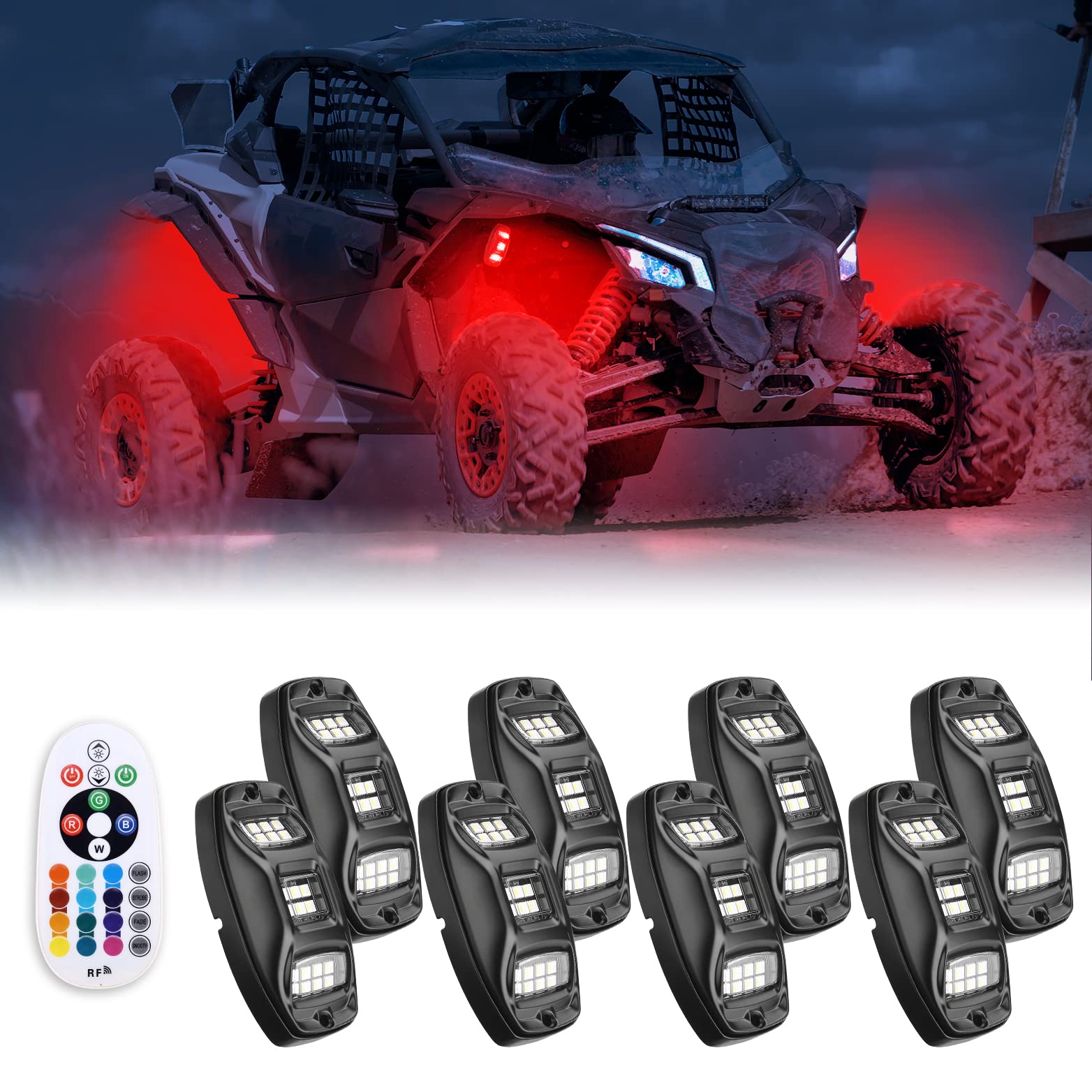 3FT COB Whip Lights & RGB Rock Light Kit for UTV ATV Jeep - Kemimoto