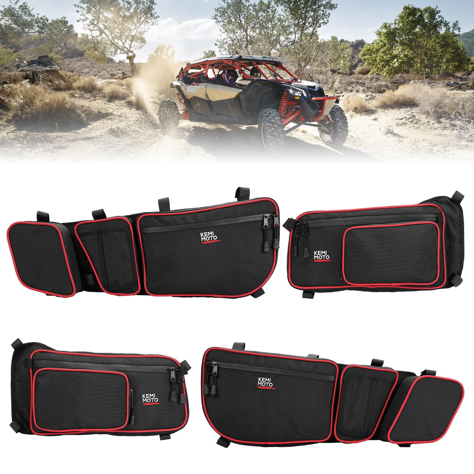 Front and Rear Door Bags for Can-Am Maverick X3 Max - Red - Kemimoto