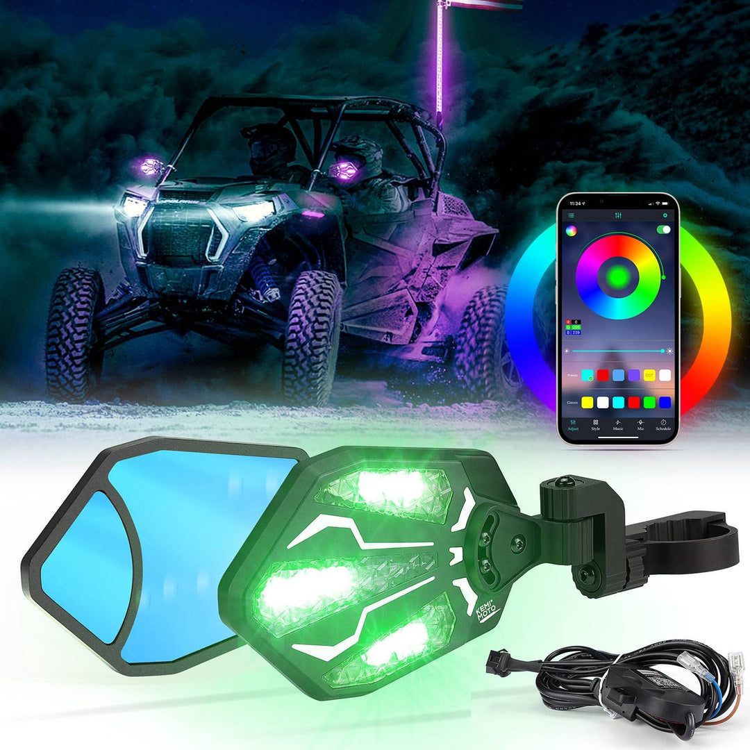 Aluminium RGB Lighted Side Mirrors Fit with Windshield for 1.6"-2" Roll Bar