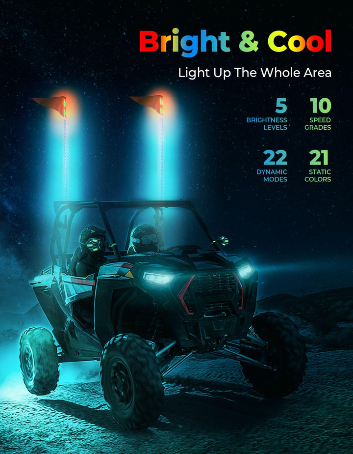 LED Whip Lights For ATV/UTV/RZR (5FT & RGB - 2Pcs) - Kemimoto