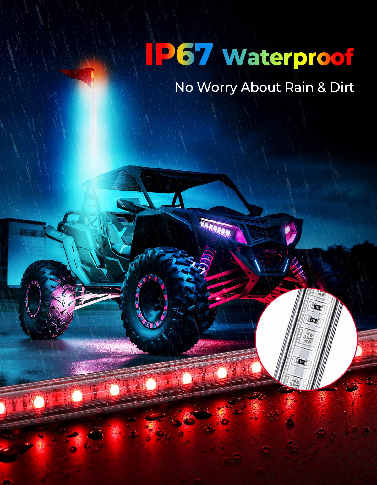 JMTBNO RGBW Laser LED Whip Lights – Whipless With Remote For ATV UTV Can Am Polaris RZR – 2 Pack
