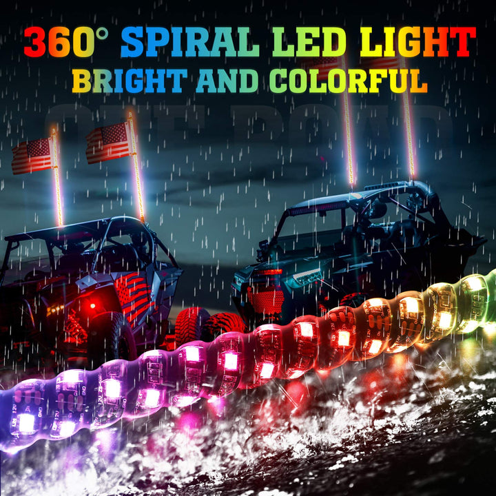 4FT Spiral Whip Light with RF Remote Control, 366 colors, 2 pcs - Kemimoto