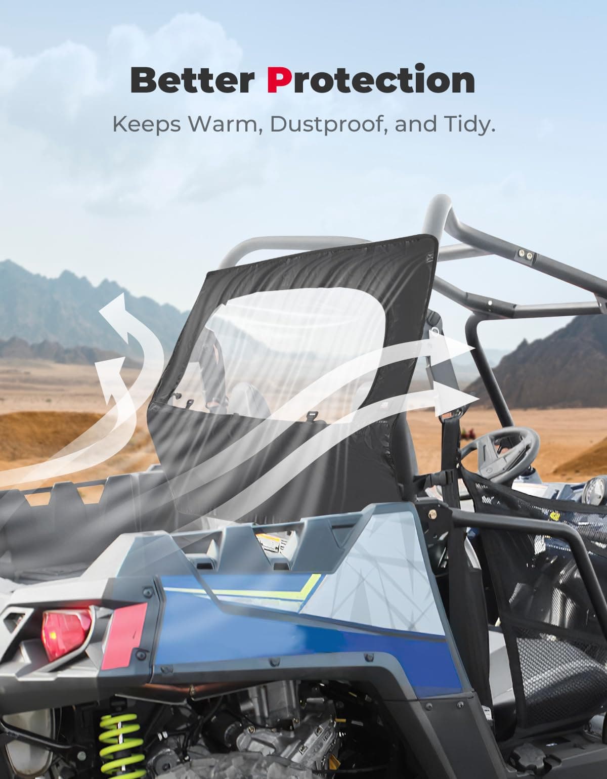 UTV Rear Windshield with Zipper for Polaris RZR 570, RZR Trail 570, 800, S 800, 900 - Kemimoto