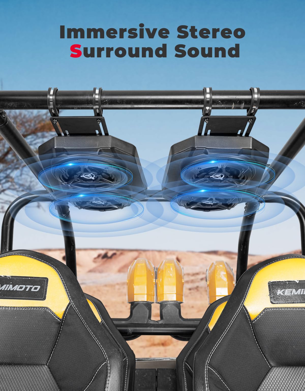 UTV Sound System 6.5 Inch Speakers Overhead Stereo Bluetooth Fits 1.625-1.9in Roll Cages - Kemimoto