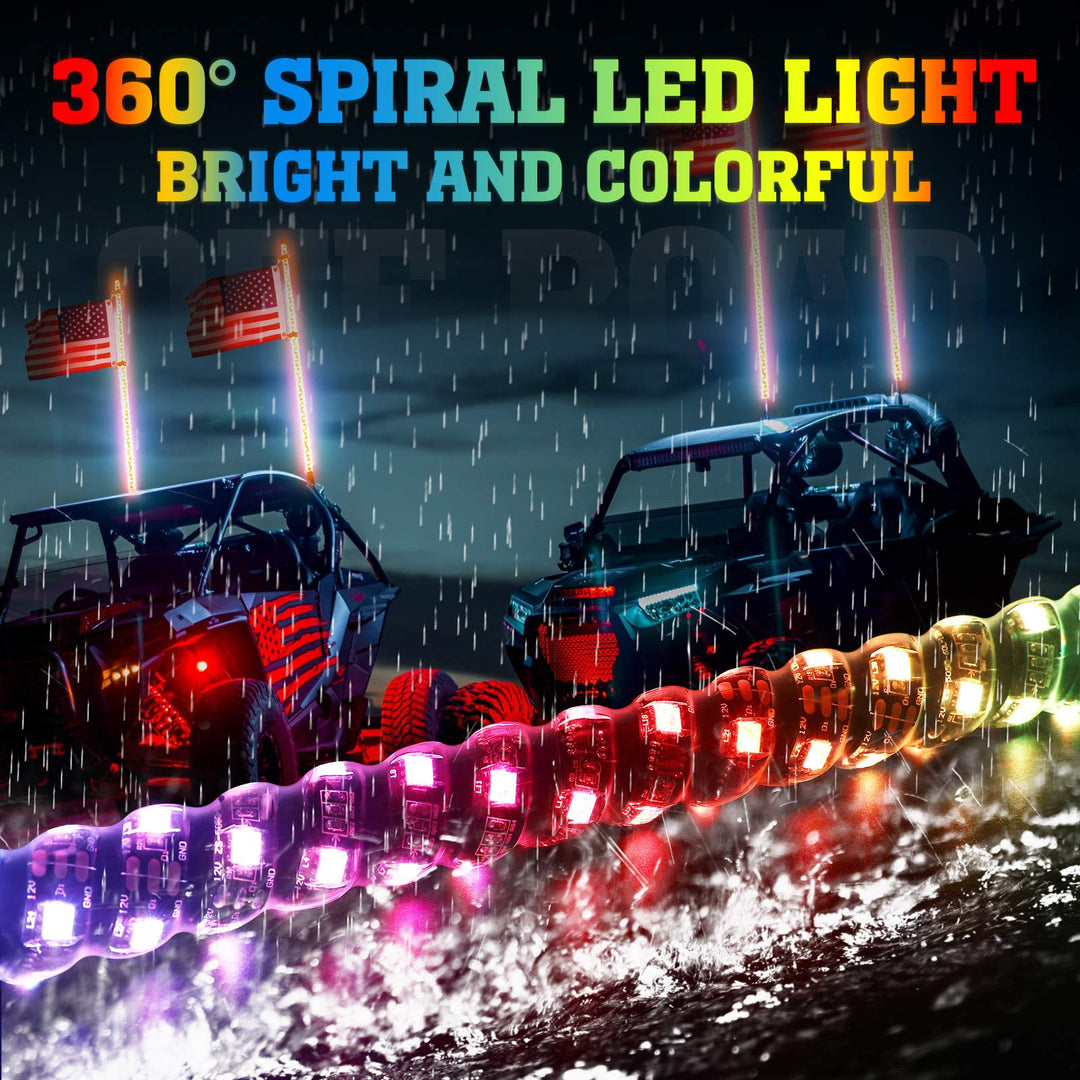 3FT Spiral Whip Light with RF Remote Control, 366 colors, 2 pcs - Kemimoto