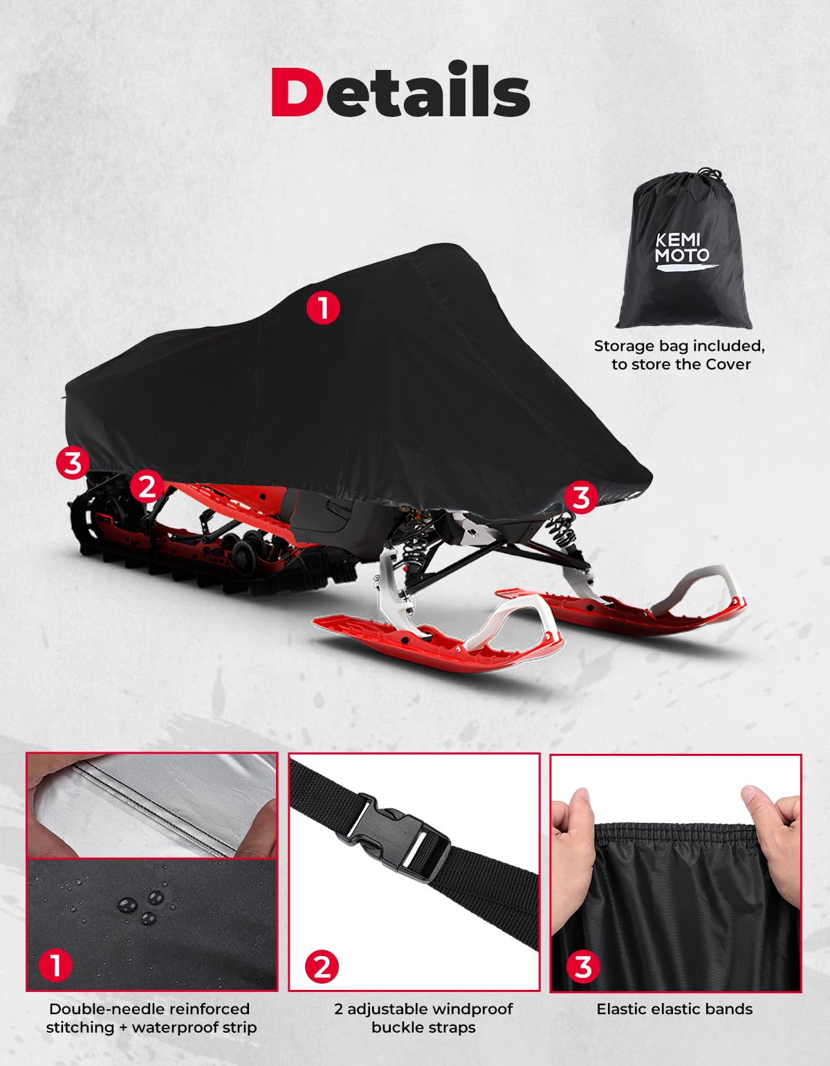 Snowmobile Cover 420D Heavy-Duty Waterproof Sled Ski Cover - Kemimoto