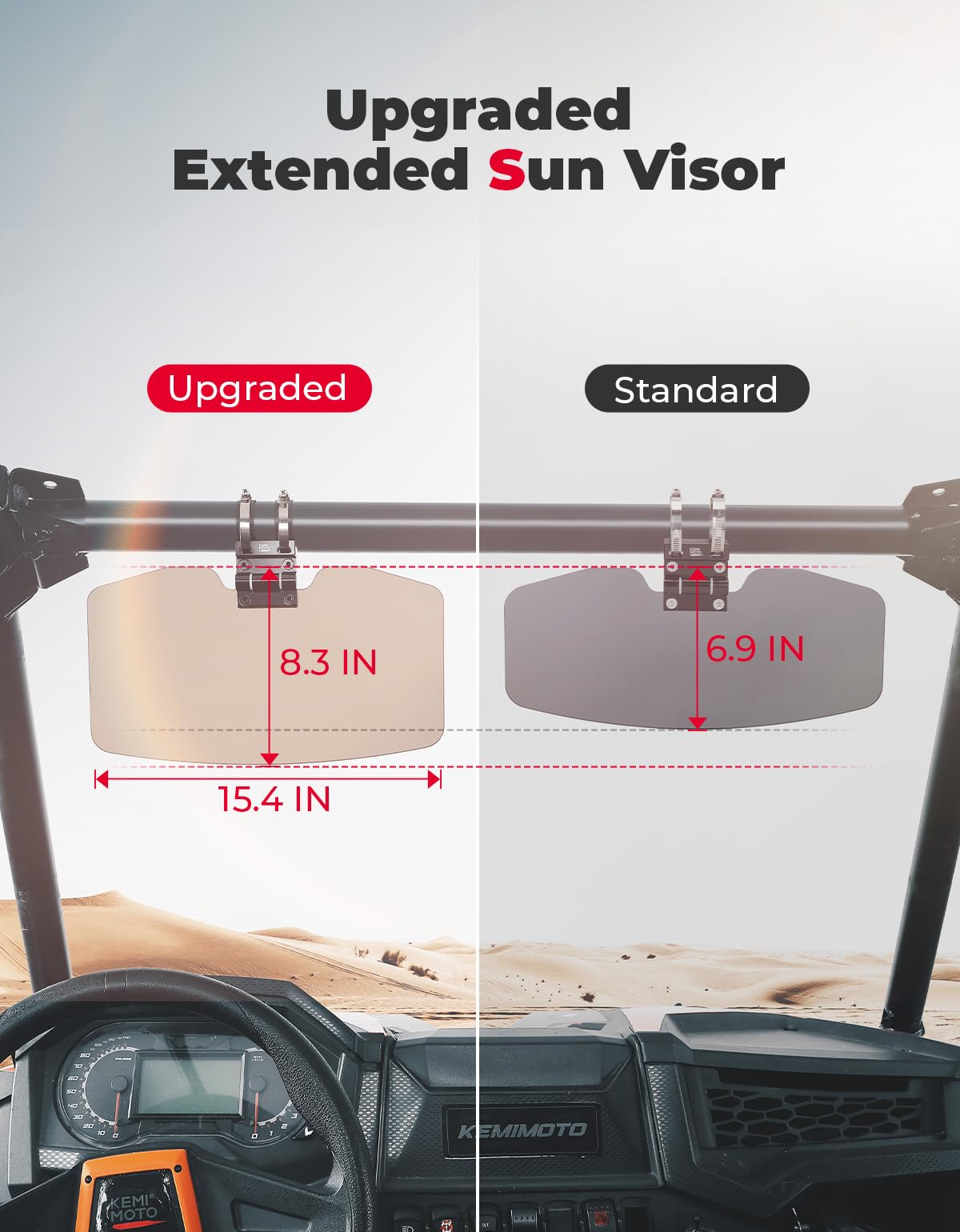 Oversized Upgraded UTV Sun Visor Mirror for 1.5”-2” Roll Bars - Kemimoto