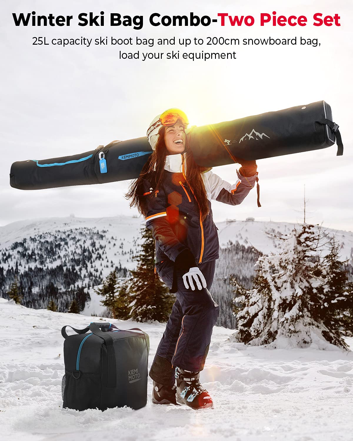 Ski Bag and Boot Bag Combo Fit Skis Up to 200cm – Kemimoto