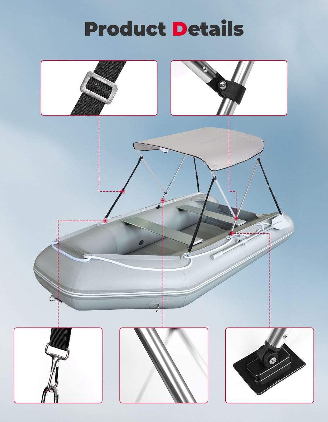 2 Bow Bimini Top Foldable 47''-55'' Width - Kemimoto