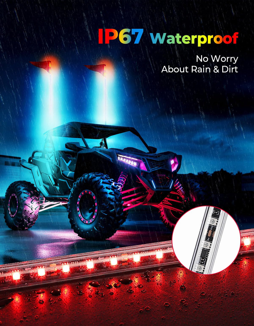 Bluetooth 5ft UTV ATV Spiral LED Whip Lights with Quick-Release Mounting Base| Kemimoto