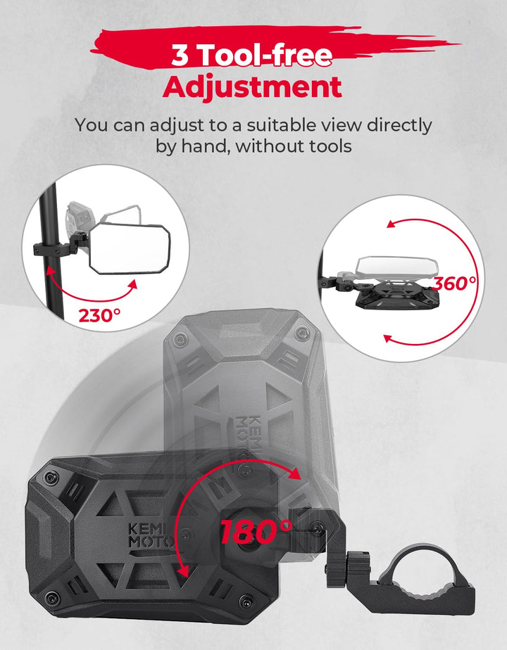 UTV Side Mirrors, Tool-free Multi-Adjustment Mirrors for 1.65-2 inch Roll bar - Kemimoto