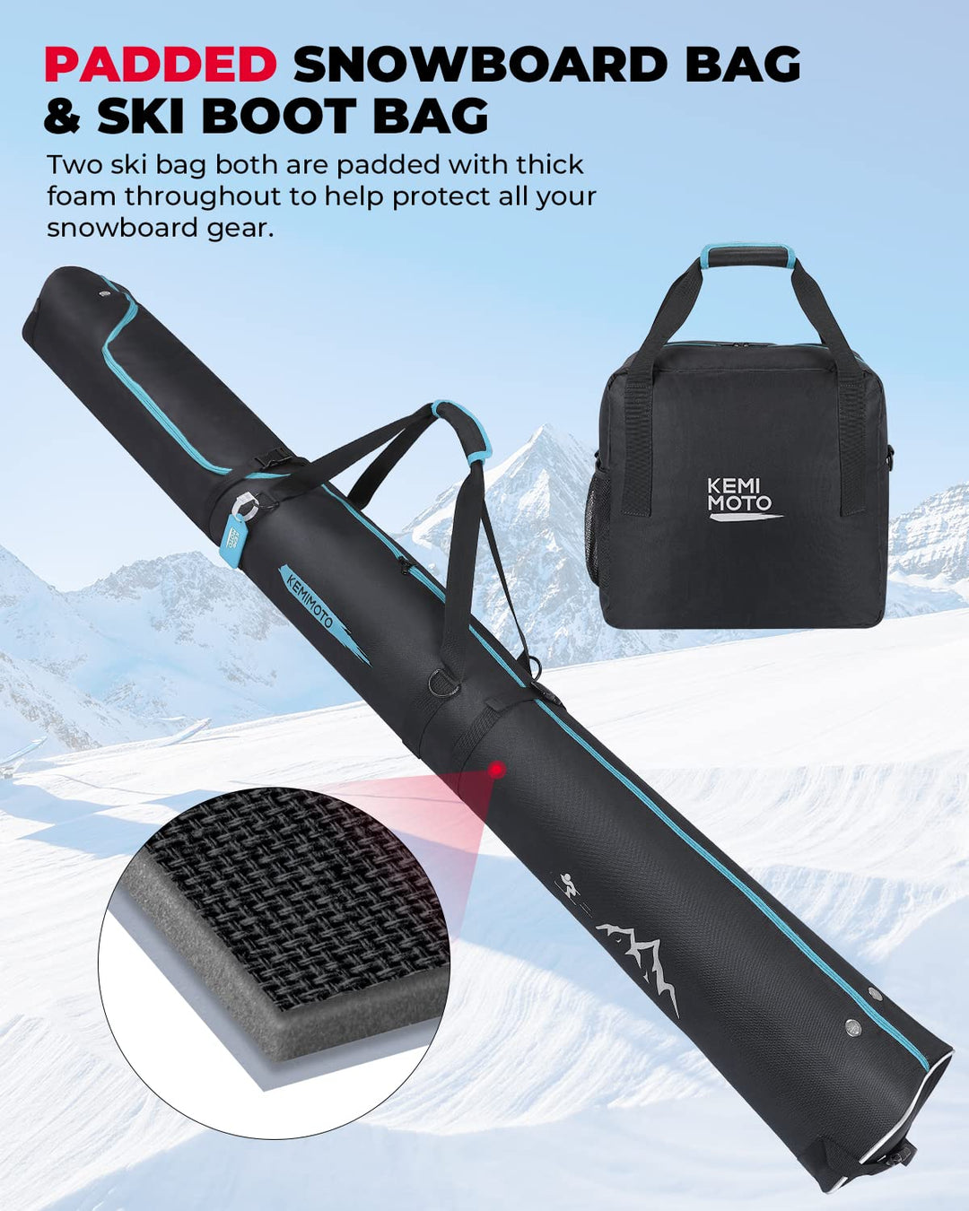 Ski Bag & Boot Bag Combo Fit Skis Up to 200cm - Kemimoto