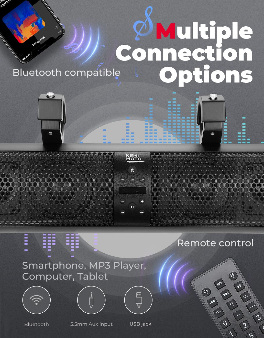 18" UTV Sound Bar with RGB & Bluetooth for 1.56"-2.25" Cages - Kemimoto