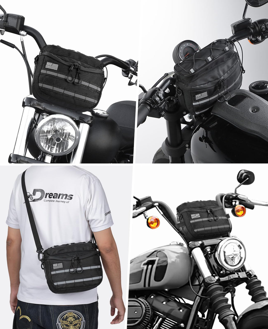 Motorcycle Handlebar Bag with Reflective Strips for Cruiser Softail Dyna Sportsters