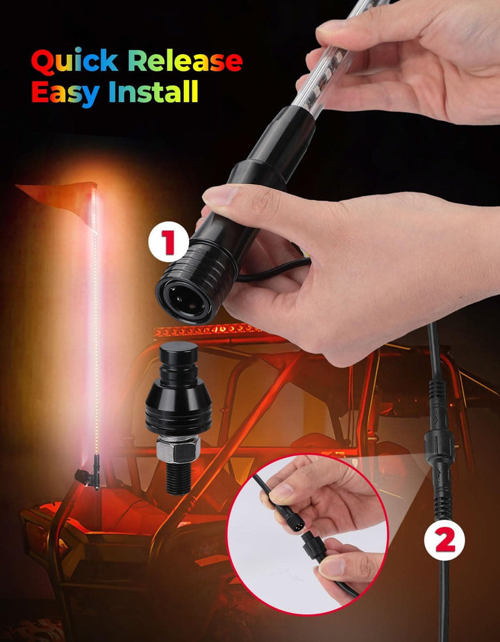 5FT 2PCS Bendable Whip Lights RF Wireless Remote for UTV/ATV/Boat - Kemimoto