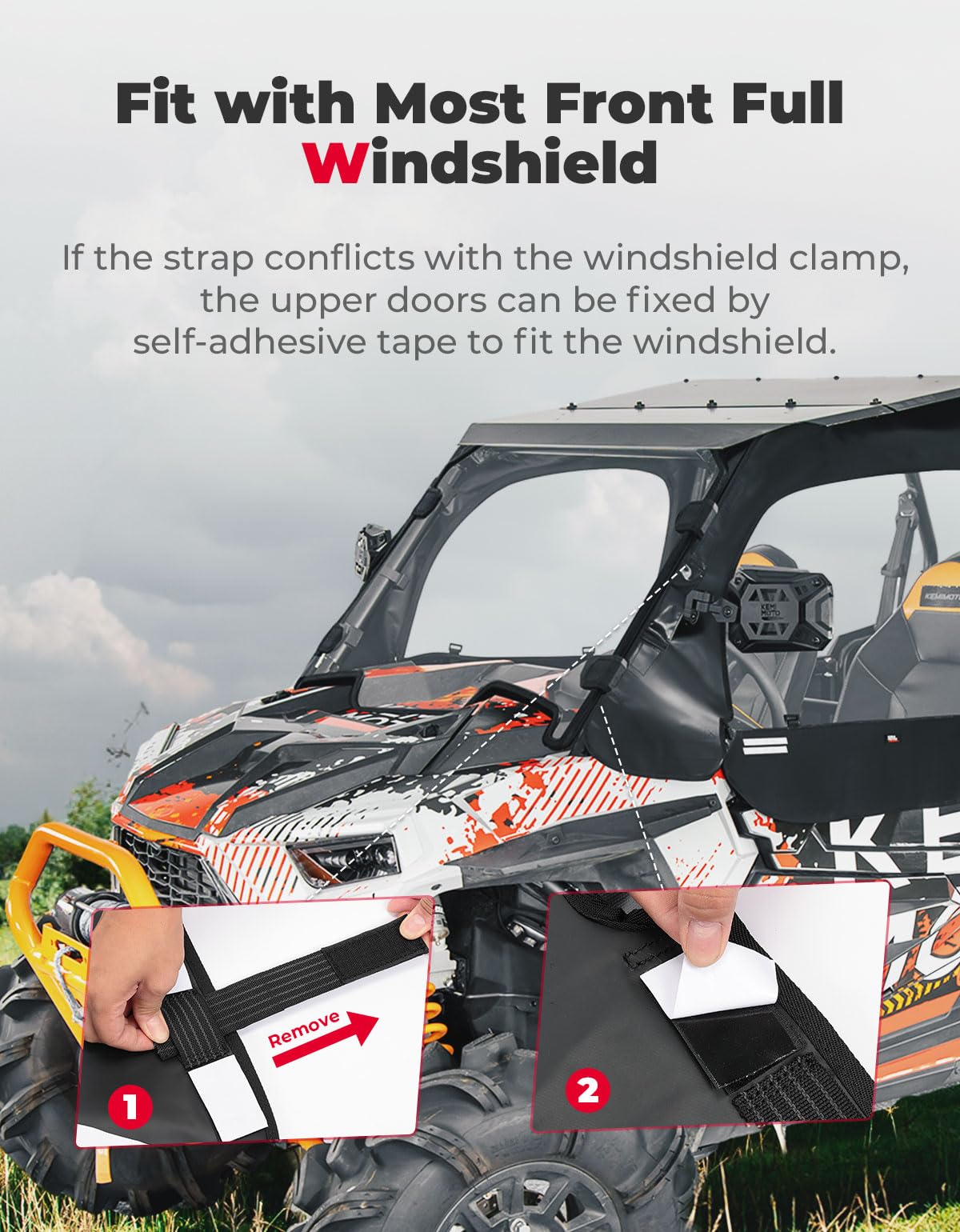 Soft Cab Enclosure Upper Doors, Waterproof Heavy-Duty Snaps Hold 4 Side Windows Fit 2014+ Polaris RZR XP - Kemimoto