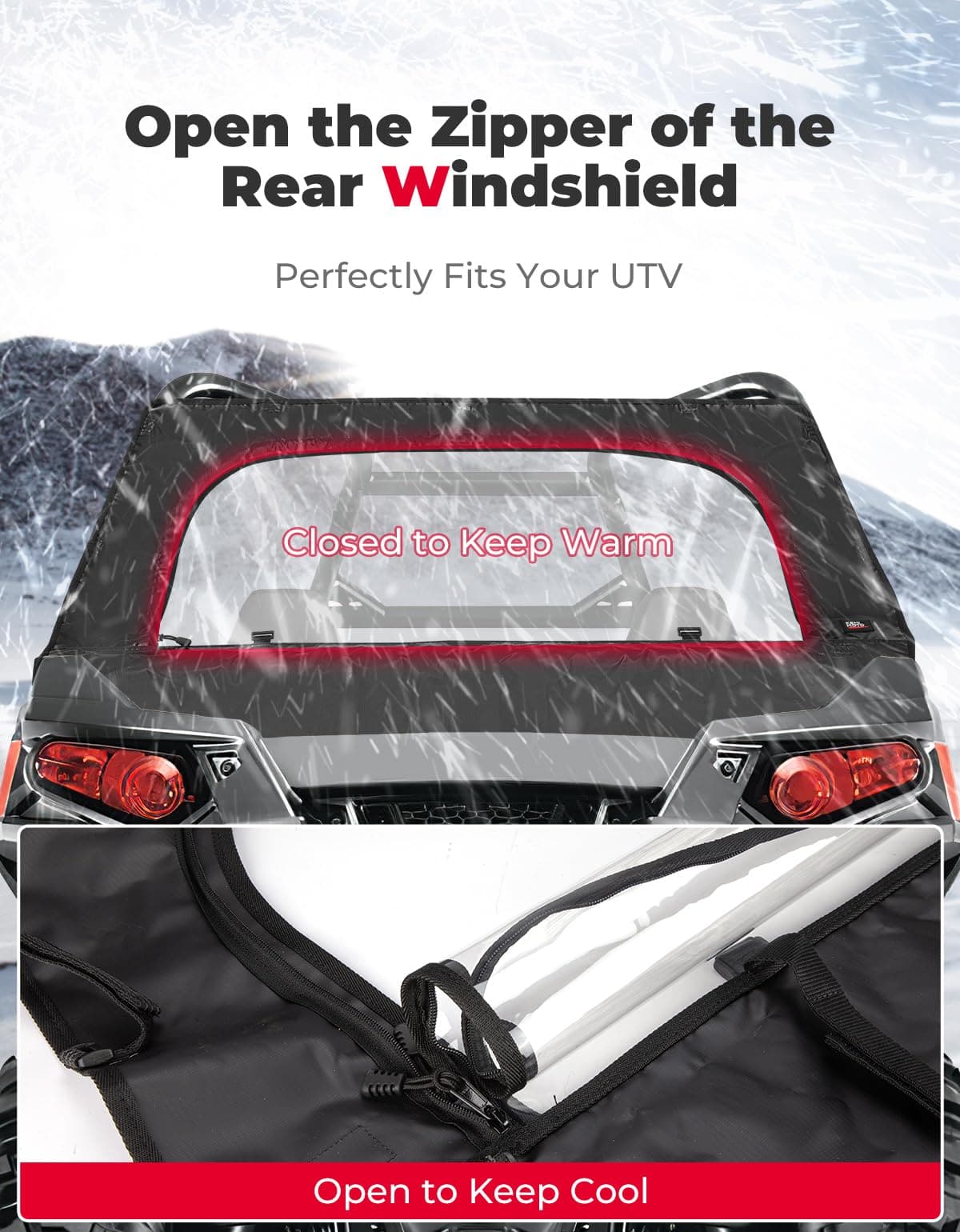 UTV Rear Windshield with Zipper for Polaris RZR 570, RZR Trail 570, 800, S 800, 900 - Kemimoto