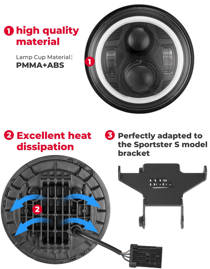 7'' Motorcycle Headlights w/ Mounting Bracket Hi/Lo Beam Headlamp for Sportster S RH1250 - Kemimoto