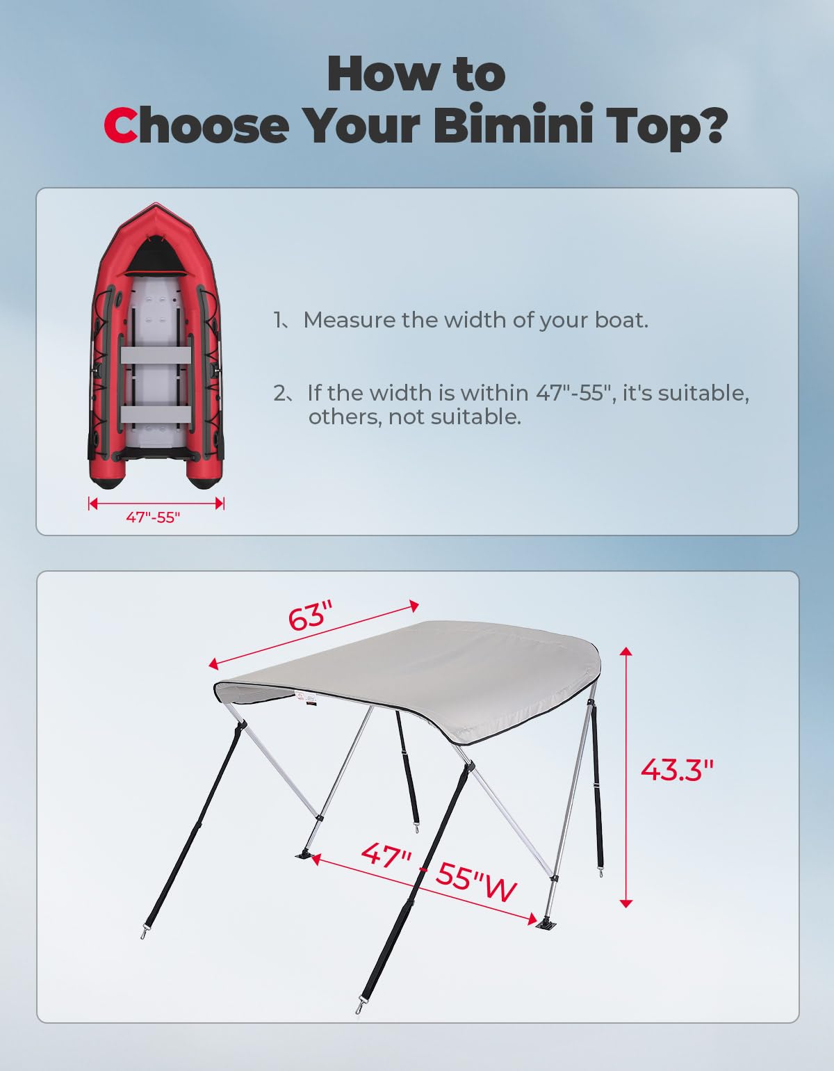 2 Bow Bimini Top Foldable 47''-55'' Width - Kemimoto
