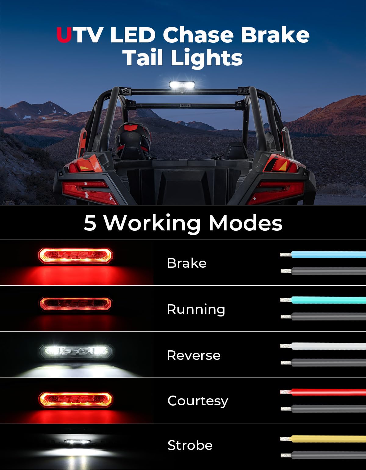 UTV Universial LED Chase Brake Tail Lights for RZR Ranger Maverick X3 - Kemimoto
