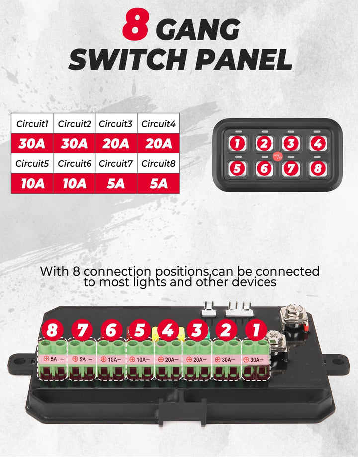 12-24V 8 Gang Switch Panel for Cars, UTVs, Trucks, Wrangler & RZR X3 - Kemimoto