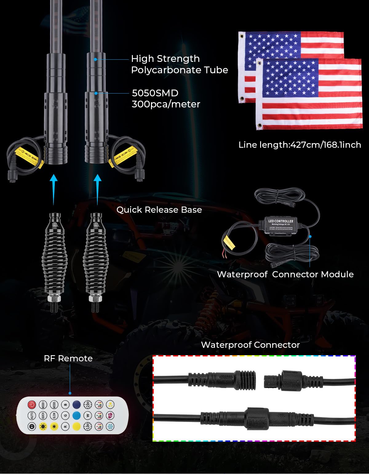 GOODFITMENT 2Pcs Black LED Whip Light Spring Base Mounts - Quick Release For Polaris RZR, ATV, UTV