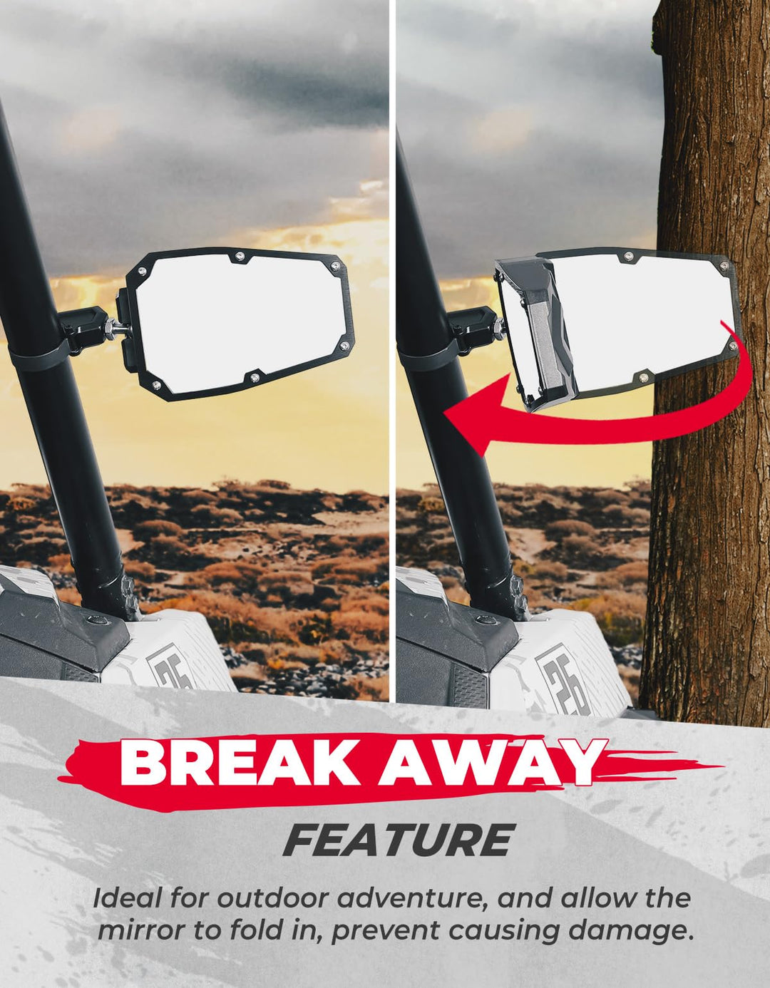 KEMIMOTO UTV Side Mirrors - Shatter-Proof For 1.5-2" Round Roll Cages, Fits Polaris RZR, Can-Am, Kawasaki & More