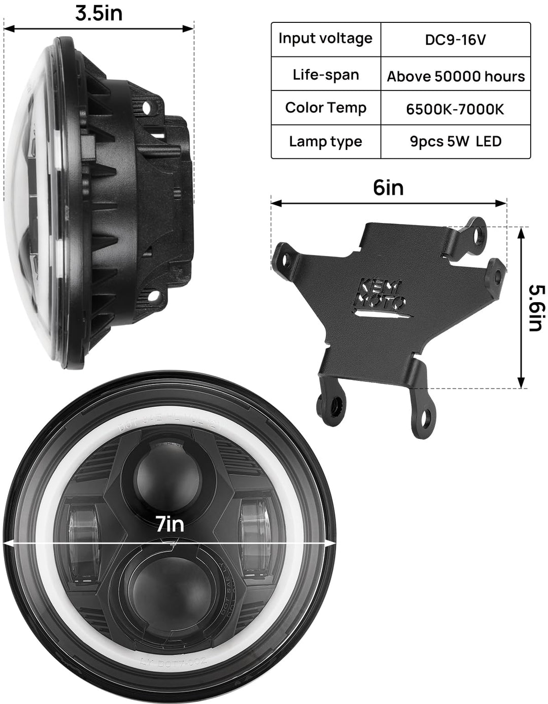 7'' Motorcycle Headlights w/ Mounting Bracket Hi/Lo Beam Headlamp for Sportster S RH1250 - Kemimoto